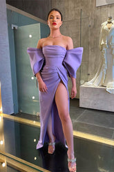 Purple Mermaid Prom Dress 3/4 Sleeve Off the Shoulder Satin Evening Dress