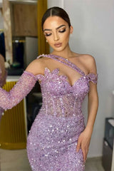 Purple Mermaid Prom Dress Long Sleeve Asymmetric Sequined Evening Dress
