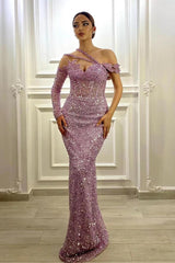 Purple Mermaid Prom Dress Long Sleeve Asymmetric Sequined Evening Dress