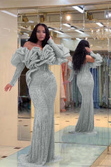 Purple Mermaid Prom Dress Long Sleeve Off the Shoulder Beaded Evening Dress