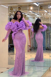 Purple Mermaid Prom Dress Long Sleeve Off the Shoulder Beaded Evening Dress