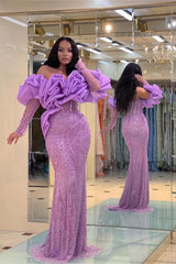 Purple Mermaid Prom Dress Long Sleeve Off the Shoulder Beaded Evening Dress