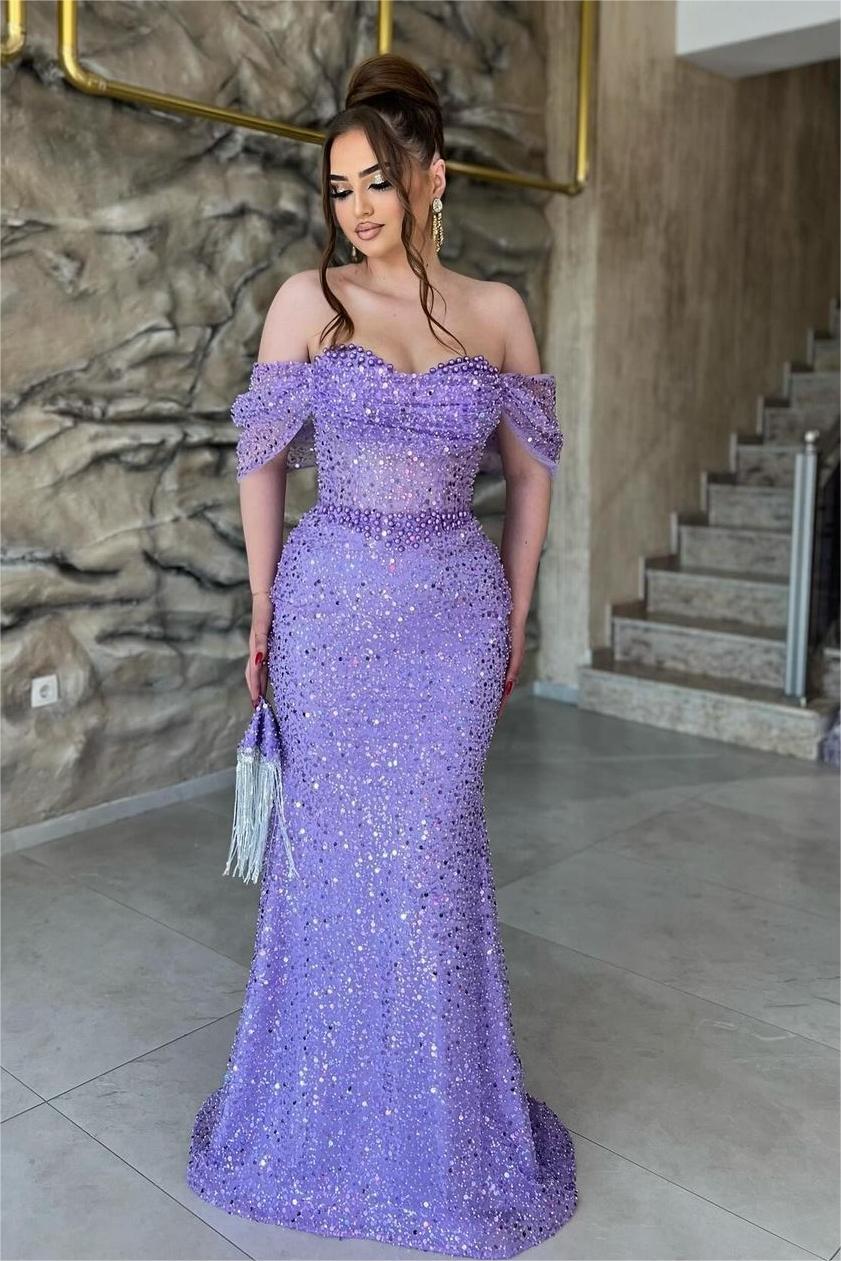 Purple Mermaid Prom Dress Off the Shoulder Sequined Evening Dress