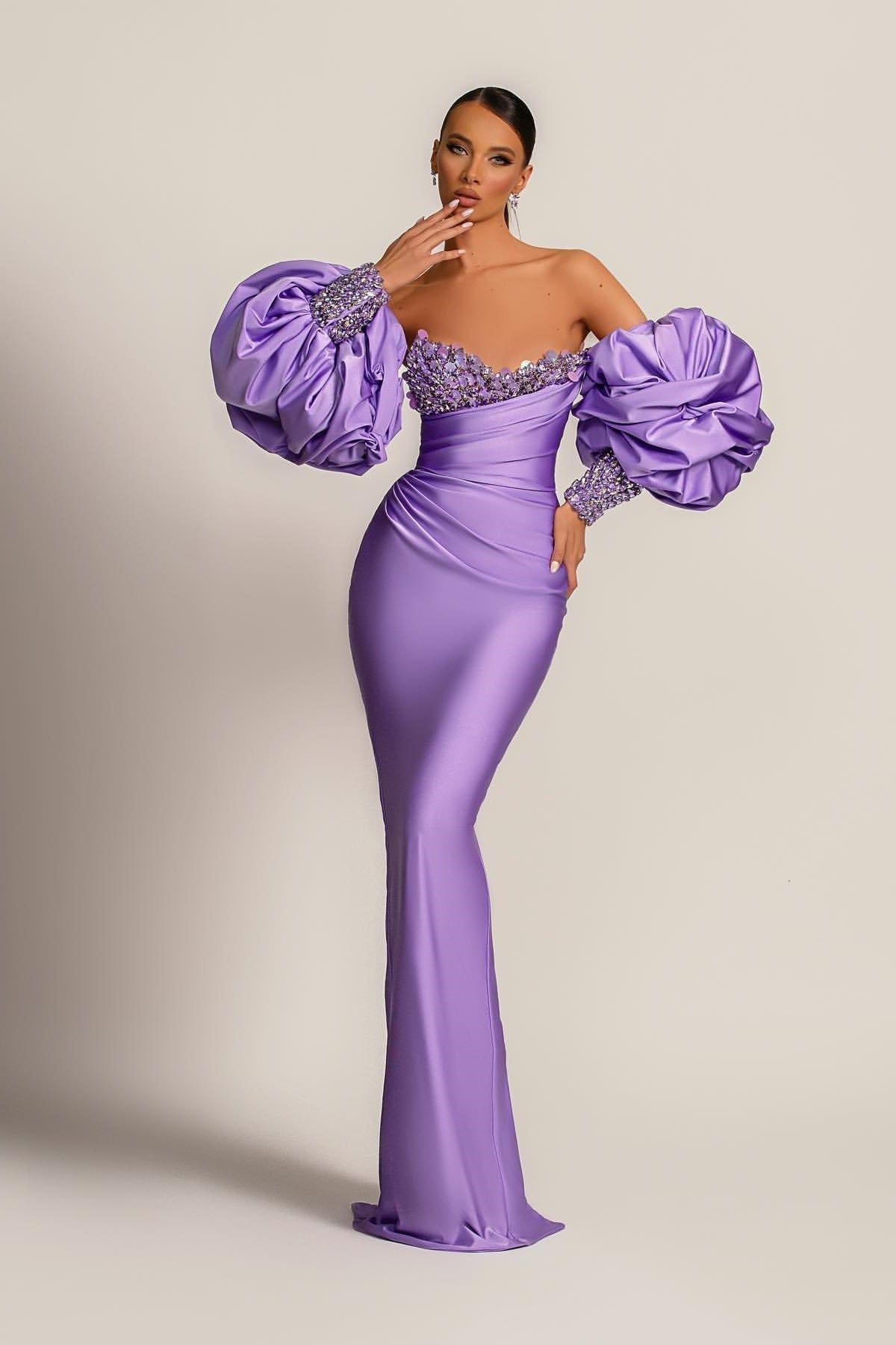 Purple Mermaid Prom Dress Puff Long Sleeve Sweetheart Beaded Evening Dress