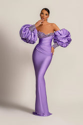 Purple Mermaid Prom Dress Puff Long Sleeve Sweetheart Beaded Evening Dress