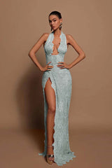Purple Mermaid Prom Dress Sleeveless Halter Neck Evening Dress With Lace Appliques