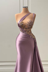 Purple Mermaid Prom Dress Sleeveless One Shoulder Beaded Evening Dress