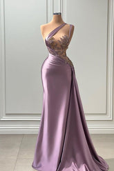 Purple Mermaid Prom Dress Sleeveless One Shoulder Beaded Evening Dress