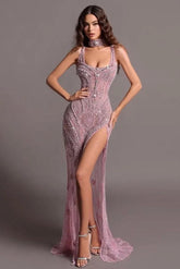 Purple Mermaid Prom Dress Sleeveless Scoop Neck Beaded Evening Dress