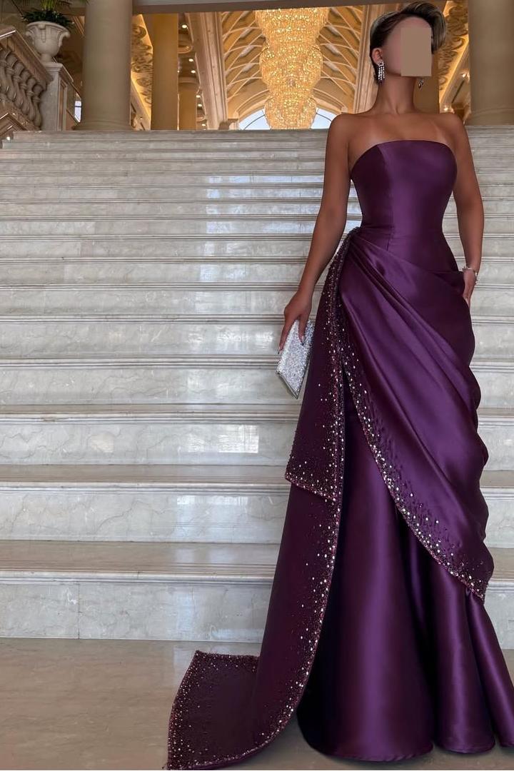 Purple Mermaid Prom Dress Sleeveless Strapless Beaded Evening Dress