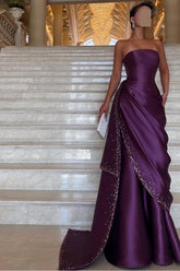 Purple Mermaid Prom Dress Sleeveless Strapless Beaded Evening Dress