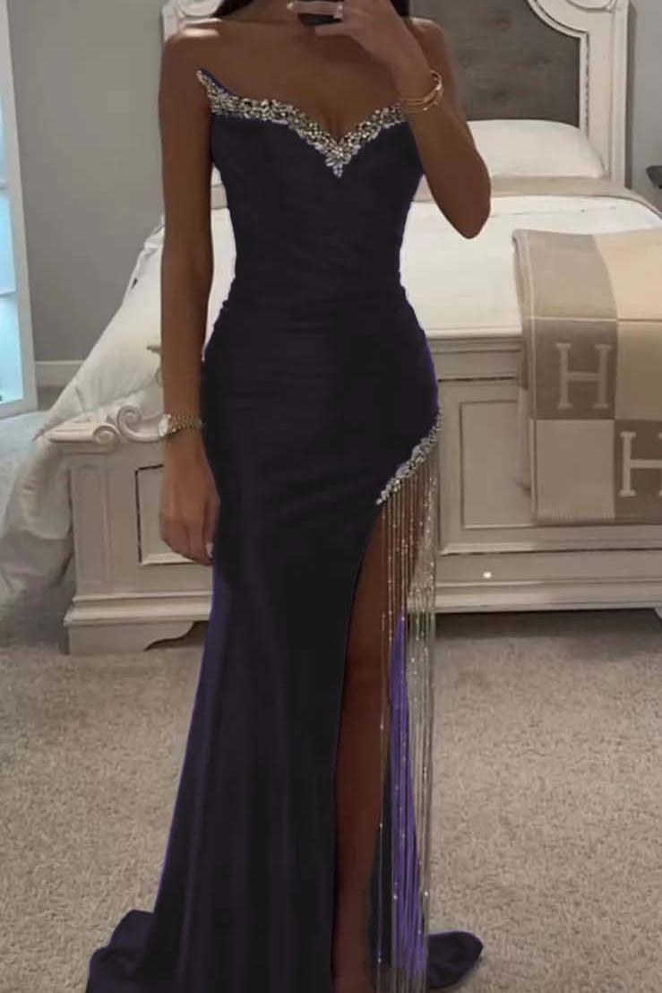 Purple Mermaid Prom Dress Sweetheart Beaded Sleeveless Evening Dress