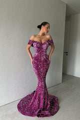 Purple Off The Shoulder Mermaid Evening Dress Long with Sequins