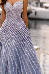 Purple Prom Dress A Line Sweetheart Strapless Sleeveless Sequined Floor Length Tulle Formal Dress