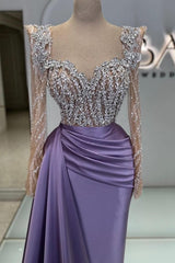Purple Prom Dress Beading Lace Sequined Formal Dress With Sleeves