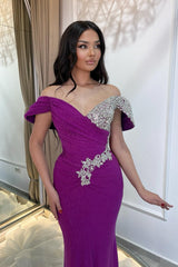 Purple Prom Dress Column V Neck Off The Shoulder Beaded Sleeveless Tulle Formal Dress With Rhinestone