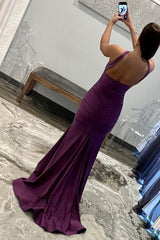 Purple Prom Dress Halter Neck Satin Evening Dress