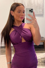 Purple Prom Dress Halter Neck Satin Evening Dress