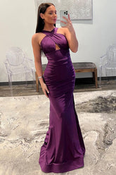 Purple Prom Dress Halter Neck Satin Evening Dress