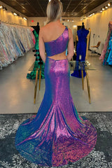 Purple Prom Dress Mermaid Cut Out Long Sequin Evening Dress With Slit