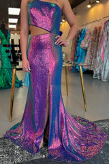 Purple Prom Dress Mermaid Cut Out Long Sequin Evening Dress With Slit