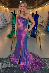Purple Prom Dress Mermaid Cut Out Long Sequin Evening Dress With Slit