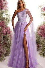 Purple Prom Dress One Shoulder A Line Cap Sleeve Slit Tulle Formal Dress With Appliques