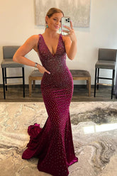 Purple Prom Dress Sequined Backless Mermaid Long Evening Dress