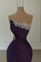 Purple Prom Dress Strapless Sequined Beading Formal Dress With Slit