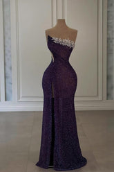 Purple Prom Dress Strapless Sequined Beading Formal Dress With Slit
