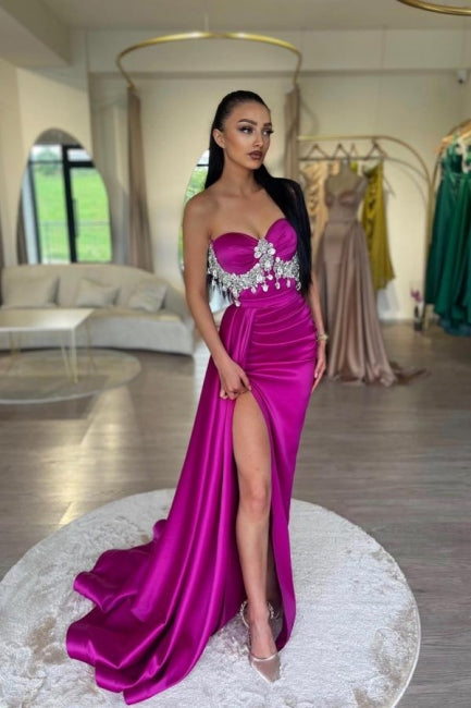 Purple Prom Dress Sweetheart A Line Beaded Sleeveless Satin Panel Train Formal Dress With High Slit