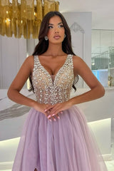 Purple Prom Dress V Neck A Line Spaghetti Strap Beaded Sleeveless Tulle Formal Dress With Rhinestone