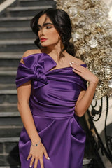 Purple Sheath/Column Prom Dress Off the Shoulder Satin Evening Dress