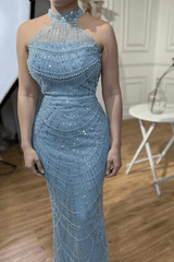 Blue Halter Evening Dress Beaded Sheath/Column Wedding Guest Dress