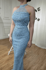 Blue Halter Evening Dress Beaded Sheath/Column Wedding Guest Dress