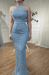 Blue Halter Evening Dress Beaded Sheath/Column Wedding Guest Dress