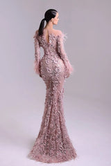 Pink Long Sleeve Evening Dress Mermaid 3D Flower Prom Formal Dress with Feathers