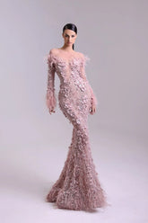 Pink Long Sleeve Evening Dress Mermaid 3D Flower Prom Formal Dress with Feathers