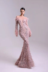 Pink Long Sleeve Evening Dress Mermaid 3D Flower Prom Formal Dress with Feathers