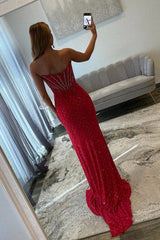 Red Beaded Mermaid Prom Dress With Plunging V-Neck And High Slit Formal Evening Gown