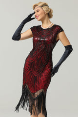Red Gatsby Cape Sleeves Glitter Fringe 1920s Dress
