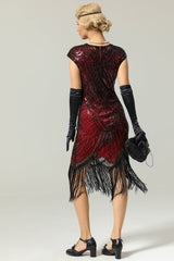 Red Gatsby Cape Sleeves Glitter Fringe 1920s Dress