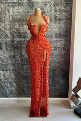 Red Halter Deep V Neck Mermaid Evening Dress with Rhinestone Slit Sequins