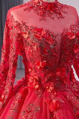 Red High Neck Wedding Dress Long Sleeves Ball Gown Sequin Bridal Dress
