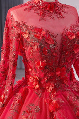 Red High Neck Wedding Dress Long Sleeves Ball Gown Sequin Bridal Dress