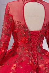 Red High Neck Wedding Dress Long Sleeves Ball Gown Sequin Bridal Dress
