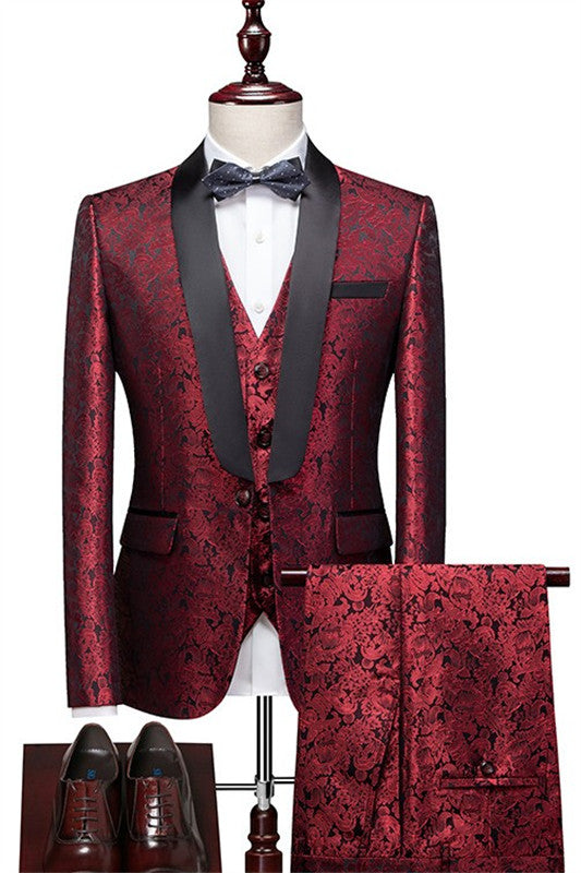 Red Jacquard Three Piece Shawl Lapel Wedding Suit