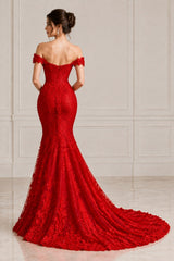 Red Lace Mermaid Wedding Dress with Off Shoulder Straps and Corset Bodice