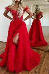 Pink Off the Shoulder Corset A-Line Prom Dress with Beadings