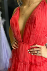Red Prom Dress A Line Deep V Neck Backless Long Tulle Evening Dress